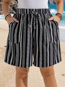 EMERY ROSE Plus Size All-Over Print Pocket High Waisted Casual Shorts,  Summer,Beach Outfits For Woman