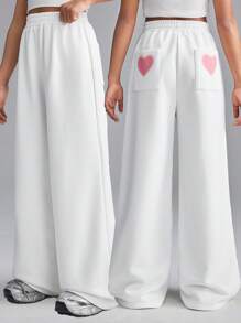 SHEIN Tween Girls Spring/Summer Heart Print Simple Everyday Casual Long Pants - White - View 3