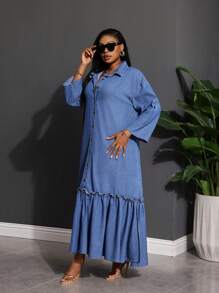 SHEIN Lady Plus Size Damska Sukienka Jeansowa Długi Rękaw Luźna Niebieska Sukienka Koszulowa Sukienka Z Rozcięciem z Boku Sukienka Z Falbanką Sukienka Plus Długość Stroje Letnie Dla Kobiet Stroje Wakacyjne Damskie Romantyczne Sukienki Letnie Sukienki Dla Kobiet Sukienki Wiosenne Dla Kobiet Stroje Cowgirl Dla Kobiet Stroje Boho Rave Festiwal
