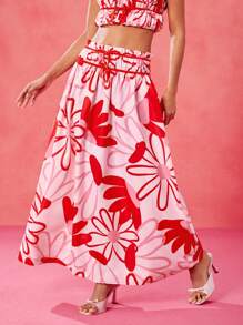 VALERIA GALIPOLI Designer Pink Playful Floral Print Ruffle Elastic Waistband Bow Ruched Vacation Maxi Skirt, High Waisted Skirt Festival, Ibiza Fits Summer Casual Cute BOHO Brunch Women Cruise Skirt