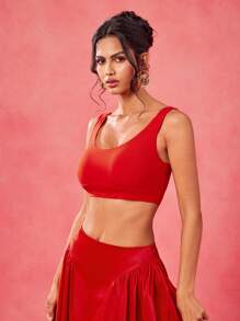 Charllene Santos Designer Red Solid Sleeveless With Wide Straps Square And Deep Neck Crop Top, Festival - Red - View 3