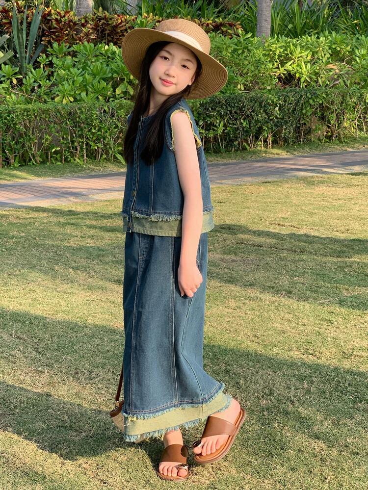 Tween Girls Casual Minimalist Sleeveless Shirt And Denim Skirt 2 Pieces Set, For Everyday Wear,Girls Summer Outfits,Back To School Clothes Vacation