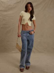 MUSERA Rib Knit Crew Neck Button Through Cropped Short Sleeve Fitted Top Spring Summer City Beach Resort Spring Cute Butter Yellow Airport Holiday Back To School Winter Everyday Chic Sweater Spring - Yellow - View 4