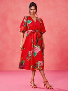 EBIB 设计师波西米亚风波西米亚红色热带印花泡泡袖深 V 腰系带中长连衣裙、节日、音乐会服装、狂欢、舞会礼服