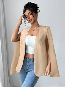 SHEIN Privé Women Front Open Casual Poncho Coat, Solid Color - Apricot - View 3