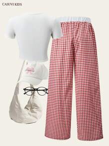 SHEIN Explorewe Set de 2 piezas: Camiseta con estampado de cerezas y pantalones con cintura a cuadros en contraste para niñas, conjunto casual