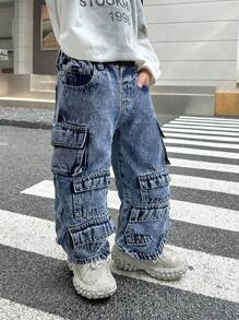 SHEIN Pantalones vaqueros holgados de mezclilla negra con múltiples bolsillos de carga y efecto desgastado, elegante y cool para niños pequeños, ropa informal y versátil para otoño/invierno