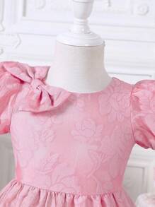 SHEIN Glamorique Kids Young Girl Embroidered Mesh Ruffle Sleeve Bow Decor Elegant Princess Party Dress, Spring/Summer - Pink - View 4