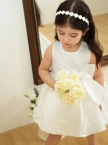 Baby Girls' Plus Size A-Line Dress With Solid Color, High-End Bow And 3D Floral Decor