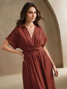 Anewsta Women's Design Sense V-Neck Single-Breasted Twist Waist Long Dress, Suitable For Festival, Going Out, Vacation Outfits - Burgundy - View 6