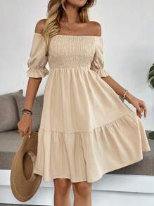 Breezaya Women's Minimalist Off-Shoulder Short Sleeve Dress - Khaki - View 3