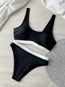SHEIN Swim 2 Pieces Black & White Top & High Waisted Bottom Elegant Bikini Set, Spring Break, For Summer Beach Vacation - Black and White - View 1