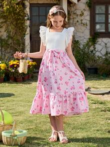 Tween Girl Ruffle Sleeves Ditsy Floral Print Dress With Belt Spring Summer Easter - Coral Pink - View 3