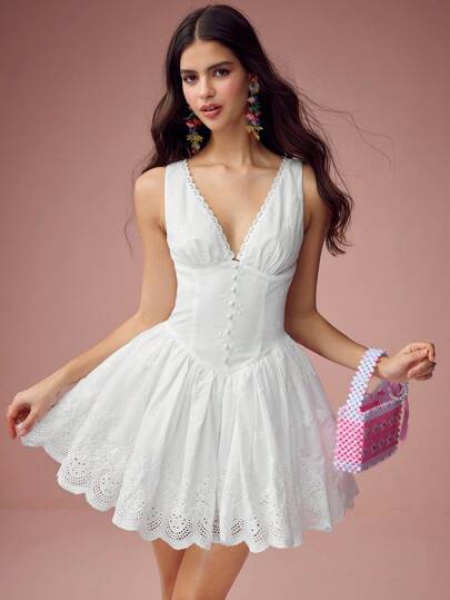 Enchnt Vestido casual corto con plisados, escote en V y sin mangas para mujer