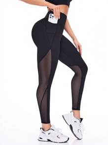 Easithlete 女士网眼和透明拼接黑色健身紧身裤，带钥匙口袋