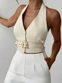 Firerie Top de mujer de escote en V y tirantes en color albaricoque con cinturón, elegante/para trabajo/casual/vacaciones/fiesta/cita/sexy - Albaricoque - Ver 6