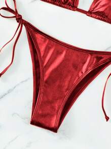 Swim Vcay 女士纯色露背比基尼上衣和系带侧边比基尼泳装套装，夏季海滩度假 - 紅色 - 查看 5