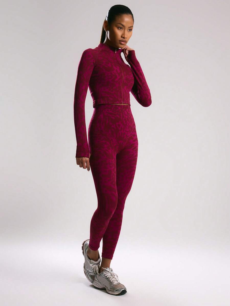Musera Sport Ribbed High Waist Animal Print Seamless Leggings, Padel, Tennis, Pickleball Gym Fitness - Burgundy - View 1
