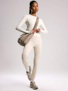 Musera Sport Long Sleeve Slinky Thumb Hole Logo Active Top, Padel, Tennis, Pickleball Gym Fitness Yoga Pilates Daily Casual - Beige - View 4