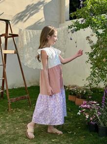 LMoss Kids Vestido ajustado para niñas preadolescentes con cuello redondo, volantes en el bajo y estampado de flores pequeñas en colores contrastantes - Multicolor - Ver 4