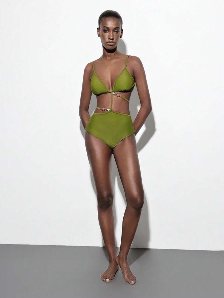 SHEIN Maija Women's Solid Color Simple Casual Everyday Cut Out One-Piece Swimsuit, For Summer Beach Vacation