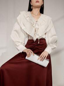 Modelyn Women's Ruffle Trim Tied Chiffon Blouse - Apricot - View 3