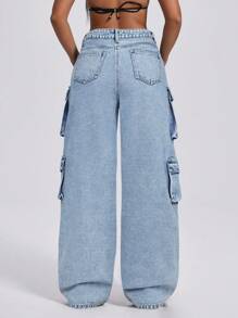 SHEIN ICON Jeans holgados de pierna ancha de mezclilla con bolsillos múltiples para mujer, de estilo minimalista para uso diario, con talle bajo y pierna recta estilo grunge