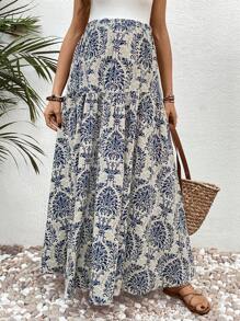 SHEIN Maternity Bohemian High Waisted A-Line Skirt - Blue - View 3