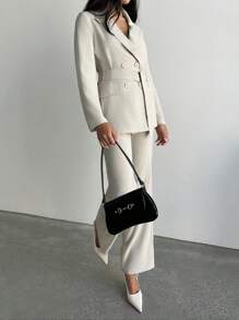 Aloruh Women's Elegant Business Commuting Suit Spring Suit Simple Formal Occasion Basic Two-Piece Suit Solid Color Long-Sleeved Suit Khaki 2pcs Light Apricot Suit Jacket + Pants Workwear Set,Suitable For Spring And Summer