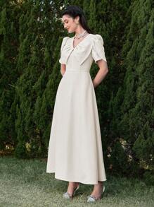 Modelyn Women's Elegant Solid Color Balloon Sleeve Arabic Style Long Dress - White - View 5