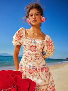 Travachic Woven Printed Spaghetti Strap Women Mini Dress,Cream Summer Boho Flowy Holiday Vacation Holiday,Spring Beach Outfits,Concert Rave Tropical Western - Blue and White - View 1