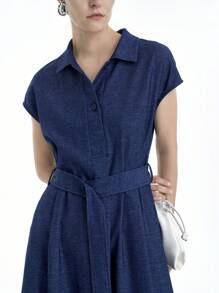 Aalyst Women's Solid Color Short Sleeve Button Pocket Casual Shirt Dress - Medium Wash - View 1