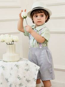 SHEIN 2 件套男婴格子连体裤搭配蝴蝶结衬衫和吊带短裤绅士装，蓝色和紫色 - 彩色 - 查看 7