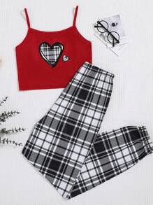 SHEIN Teen Girl Heart Print Camisole And Plaid Pants Pajama Set