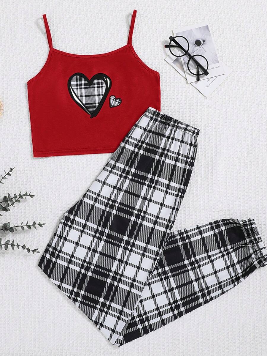SHEIN Teen Girl Heart Print Camisole And Plaid Pants Pajama Set