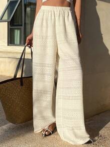 DAZY Pantalon décontracté à jambe droite et taille élastique de couleur unie pour femme - Beige - Voir 1