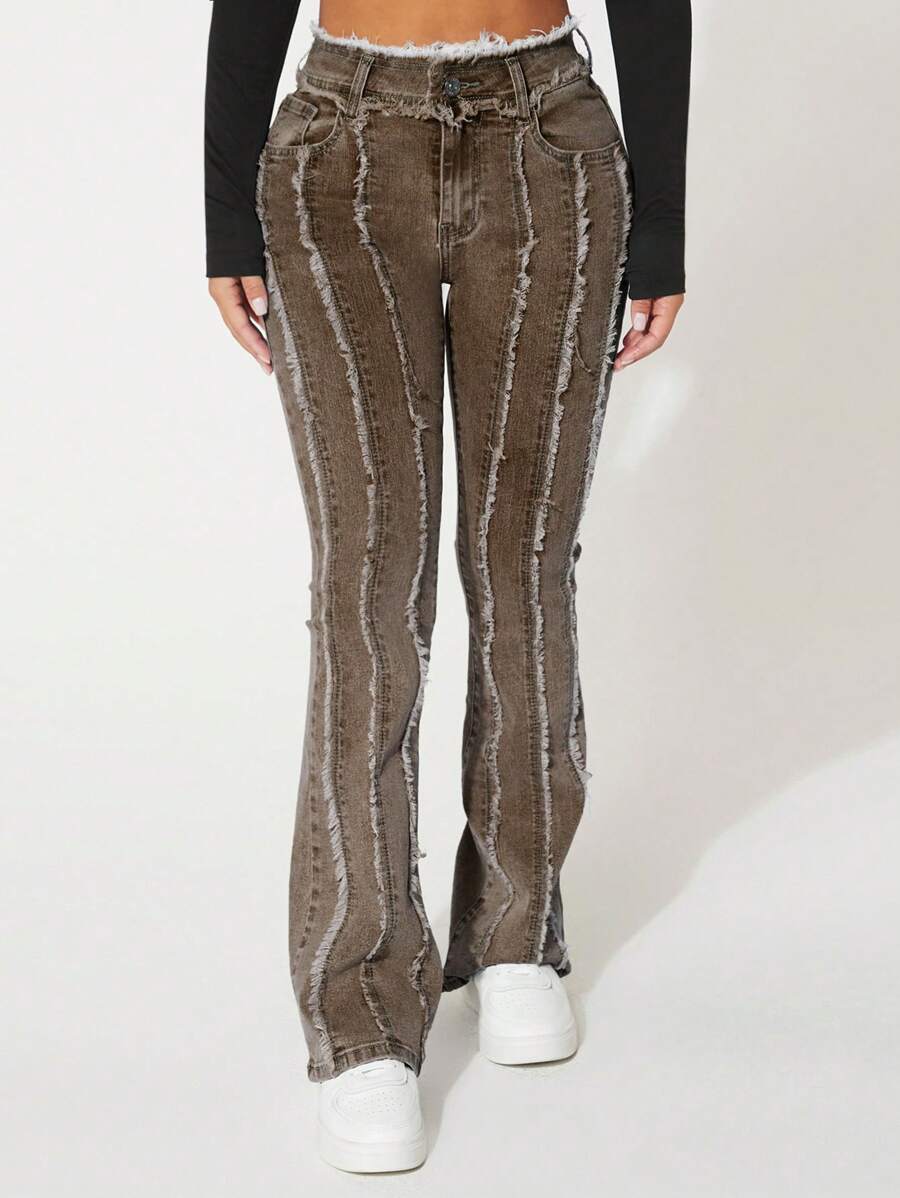SHEIN PETITE 簡約時尚休閒牛仔褲,適合日常穿著,小個子女性適用 - 棕色 - 查看 1