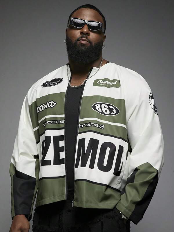 Manfinity VCAY Plus Size Men Woven Printed Letter Stylish Streetwear Long Sleeve Racing Jacket