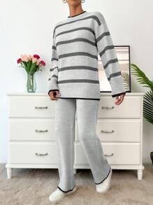 Women Black And Beige Stripes Soft Touch Cozy Sweater Set Sets - Light Grey - View 5
