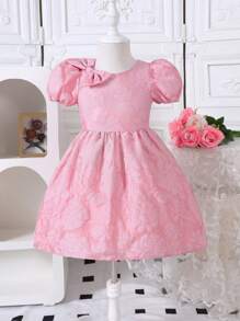 SHEIN Glamorique Kids Young Girl Embroidered Mesh Ruffle Sleeve Bow Decor Elegant Princess Party Dress, Spring/Summer - Pink - View 1