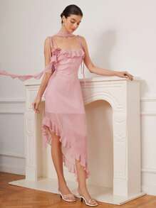 Aveloria Rosie Elegant Vacation Sexy Spaghetti Strap Ruffled Flare Design Waist Accentuating Chiffon Transparent Asymmetrical Hem Dress In Pink   Old Money Style For Summer