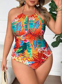 SHEIN CURVE+ Plus Size Women's Tropical Floral Print One-Piece Swimsuit, Fashion One-Piece Bathing Suit For Summer - Multicolor - View 4