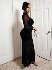 BamGleam Women's Mesh Panel Stand Collar Long Sleeve Simple Long Dress - Black - View 4