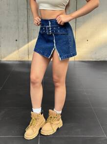 SHEIN EZwear Falda vaquera de mujer con diseño de cierre a presión y abertura lateral