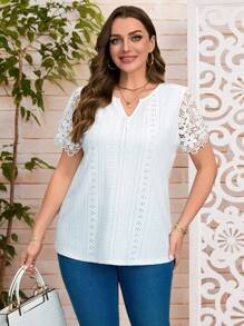 EMERY ROSE 大码女士休闲度假纯色蕾丝拼布衬衫，优雅女装，女士夏季服装/夏季，女士度假服装，夏季服装 - 白色 - 查看 3