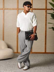 SUMWON Maglione polo lavorato a maglia aperta, maniche corte, capo leggero estivo di lusso, abbigliamento casual retrò da golf, resort o spiaggia