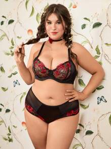Ensemble 2 pièces grande taille patchwork rose : Culottes taille haute et soutien-gorge de lingerie avec armatures et broderie, satin