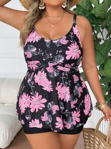 SHEIN CURVE+ Plus Size Women's Tropical Floral Print Criss-Cross Bust Two-Piece Swimsuit With Skirt, Fashionable Summer