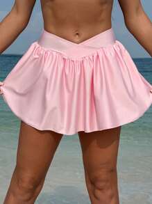 SHEIN Swim Regular Ruffle Hem Swim Shorts For Women, Pink - Pink - View 3