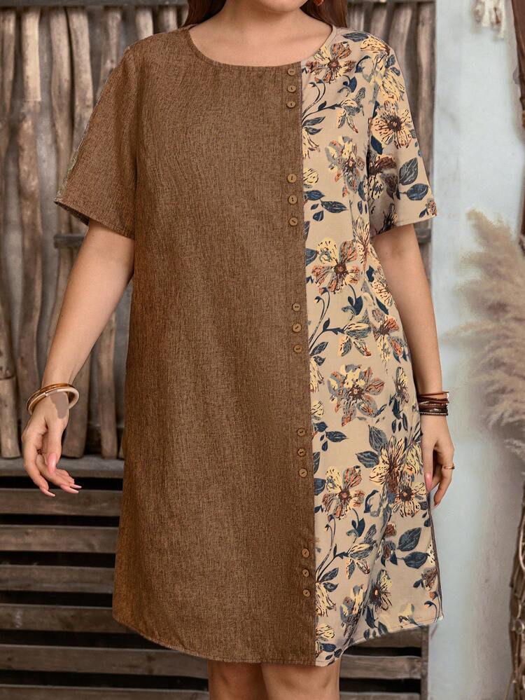 Plus Size Vacation Boho Country Linen Color Block Floral Print Dress Boho Dresses For Women Summer Outfits  Spring Outfits For Women Western Wear Women,Flower